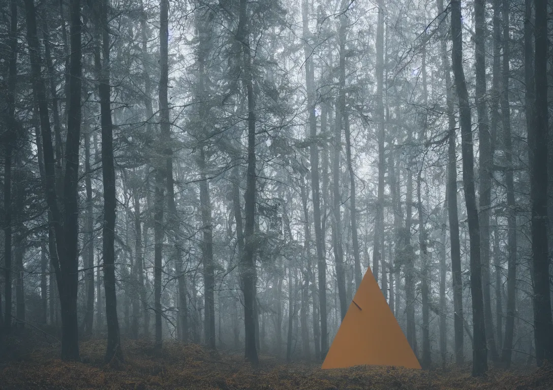 Prompt: a triangular golden structure in a foggy forest, detailed photography, dennis velleneuve, vivid colors, ultra realistic, 8 k, photography