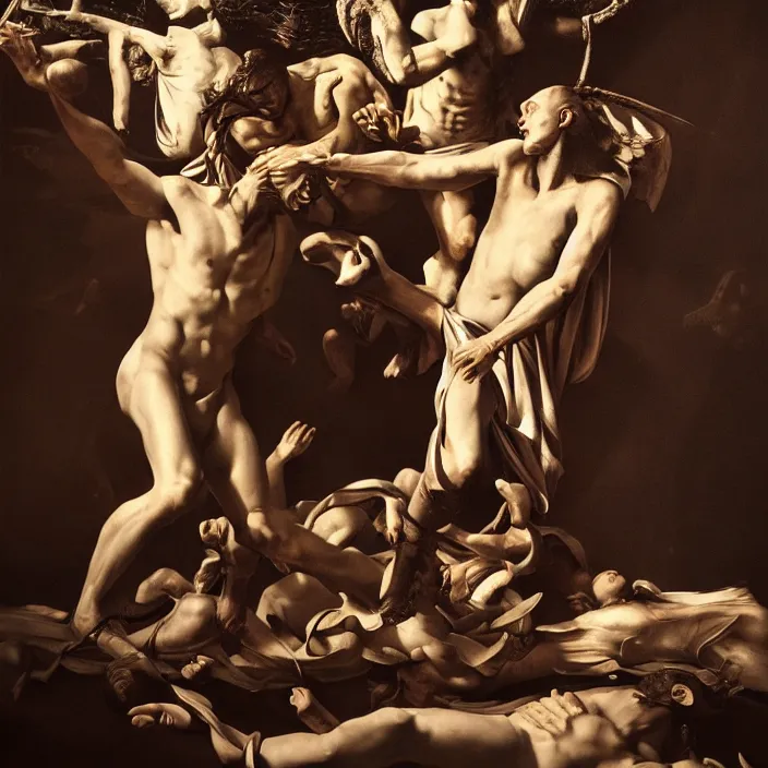 Image similar to war of the gods, surrealism, dark undertones, outside, bohemian, intricate artwork by caravaggio. trending on artstation, octane render, cinematic lighting, hyper realism, 3 d, 8 k
