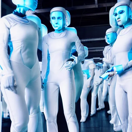 Image similar to troop of cloned women with white bob hairdos, tight light blue neopren suits, futuristic cloning facility, sci - fi, highly detailed, cinematic