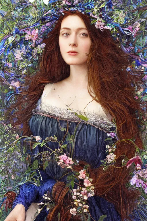 Image similar to An extremely beautiful pre-raphaelite ornate portrait of a very beautiful witch, ultradetailed, intricate, elegant, digital art painting, smooth, sharp focus, magazine art cover illustration, regal, award winning picture, extremely detailed masterpiece, sense of awe, featured on Artstation, Artgerm, ethereal bubbles, Aetherpunk, atmospheric lightning, Exquisite floral details, 8K detail post-processing