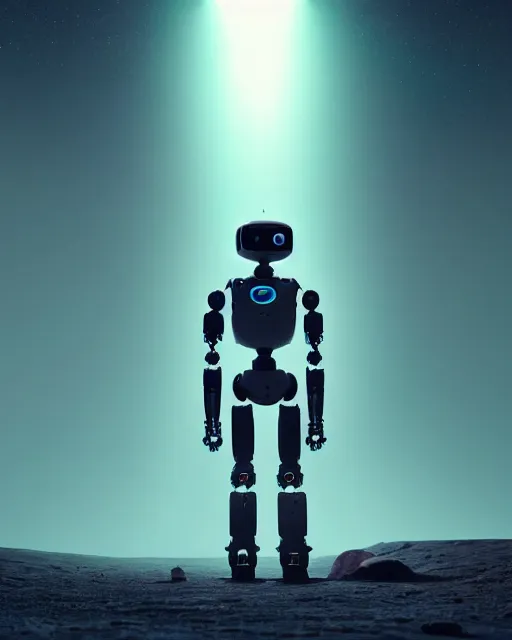 Image similar to a robot standing in front of a glowy open door that's on a barren moon, poster art by mike winkelmann, trending on cg society, space art, sci - fi, ue 5, futuristic, volumetric lighting, light casting onto the ground, neat composition and camera angle