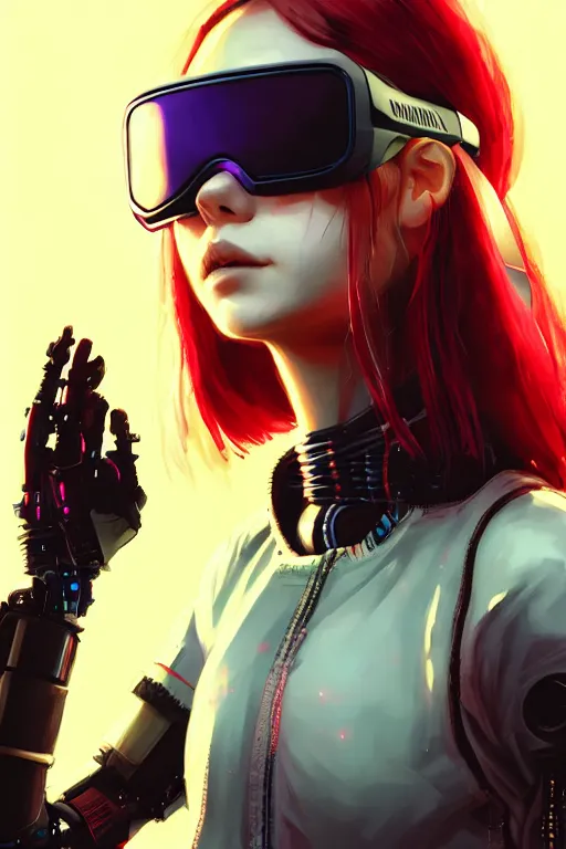 Prompt: highly detailed portrait of a young cyberpunk girl with a wavy vibrant red hair, VR glasses, neon cybernetic implants, cinematic lighting, dramatic atmosphere, by Dustin Nguyen, Akihiko Yoshida, Greg Tocchini, Greg Rutkowski, Cliff Chiang, 4k resolution, nier:automata inspired, bravely default inspired, cyberpunk background