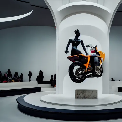 Image similar to a beautiful cinematic lit scene in the guggenheim museum of a white armless marble statue of a woman, with a motorcycle in background with motocross colors and corporate logos in the style of virgil abloh, matthew williams, offwhite, givenchy