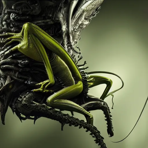 Prompt: yellow dart frog, xenomorph alien, jumping to a leaf, eating a mosquito, by artist giger, concept art for movie, black and white colors, extreme detail, 4 k, detailed concept art, realistic lighting, sharp focus, backlit