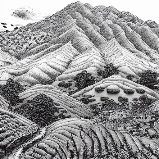 Image similar to Fields and mountains by Kentaro Miura, highly detailed, black and white