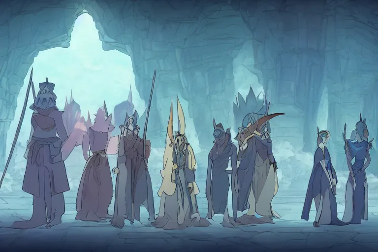 Prompt: cell shaded key visual of a group of adventurers in the throne room of the demon king, dramatic lighting, in the style of studio ghibli, moebius, makoto shinkai,