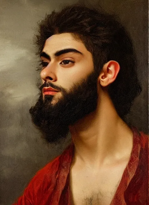 Prompt: portrait of zayn malik as an elf with dark brown eyes, short straight brown hair and a well trimmed short beard by valentin de boulogne, only one head single portrait, pointy ears