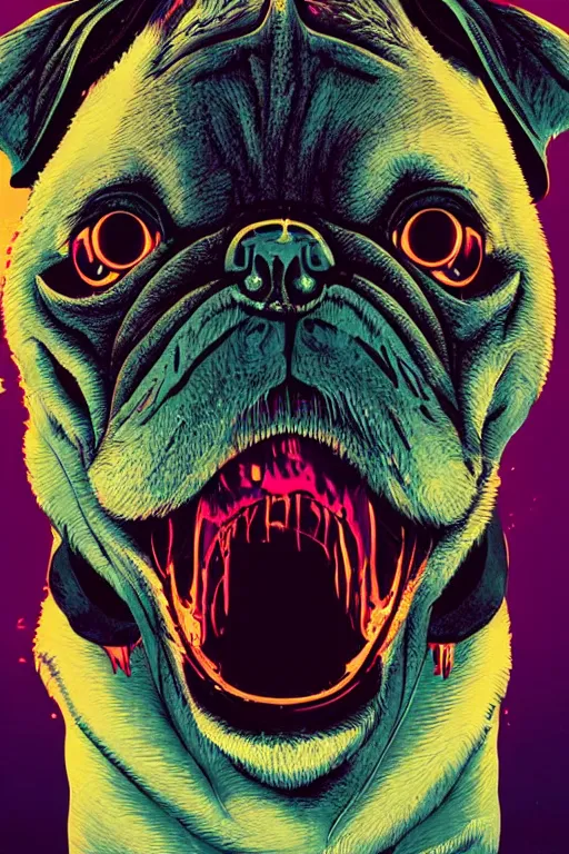 Prompt: demon pug eating flesh. art by mike winkelmann, sticker, colorful, illustration, highly detailed, simple, smooth and clean vector curves, no jagged lines, vector art, smooth