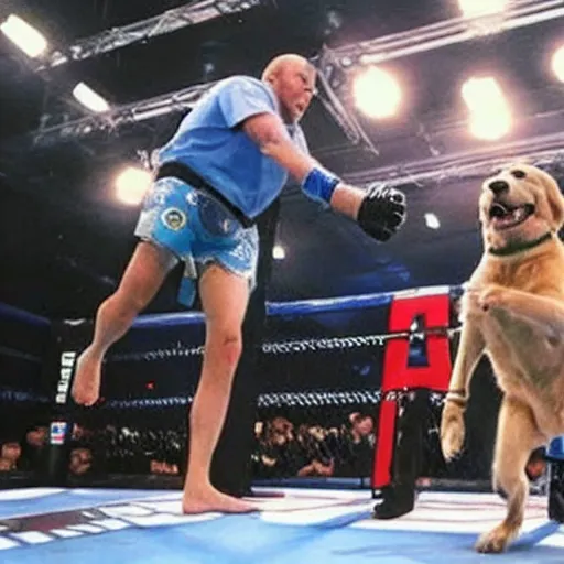 Prompt: Promo photos for Air Bud UFC (2029) - in the sequel air bud fights in the UFC octogon