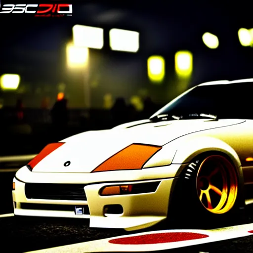 Image similar to a car 300Z twin turbo drift at illegal car meet, Shibuya prefecture, city midnight mist lights, cinematic lighting, photorealistic, highly detailed wheels, high detail