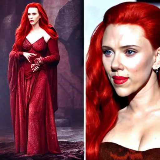 Image similar to scarlett johansson modeling as melisandre from game of thrones, photograph