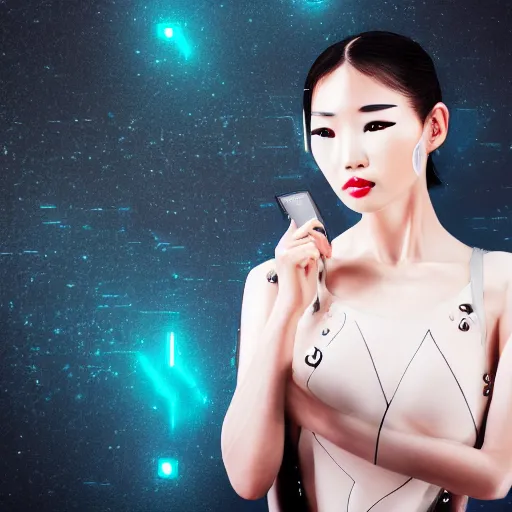 Image similar to 8 k award winner photo of a cyber android beauty from the future, asian background