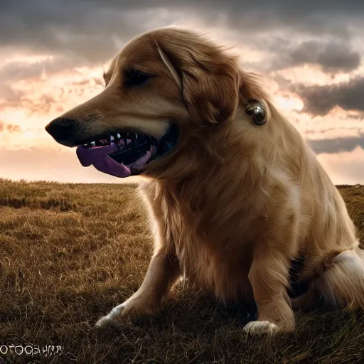 Prompt: professional photography of a golden retriever turned into a monster, hyperrealistic, photorealistic, 8 k hdr, dslr, film by greg rutkowski