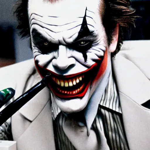 Prompt: jack nicholson as joker working in a cubicle at a computer in 1 9 8 9, fleshtone facepaint coming off, movie still, dslr