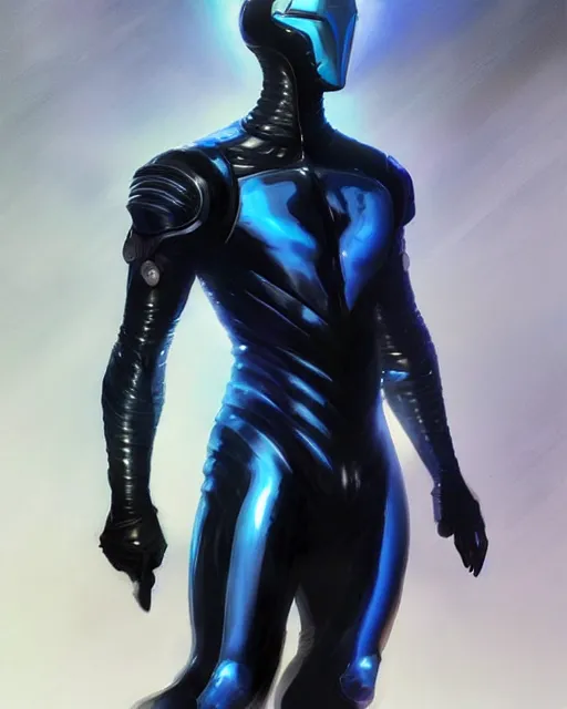Image similar to character concept of iridescent sinewy smooth muscular male sleek glossy bluish black pearlescent scifi armor with smooth black featureless helmet, by greg rutkowski, mark brookes, jim burns, tom bagshaw, magali villeneuve, eve ventrue, trending on artstation