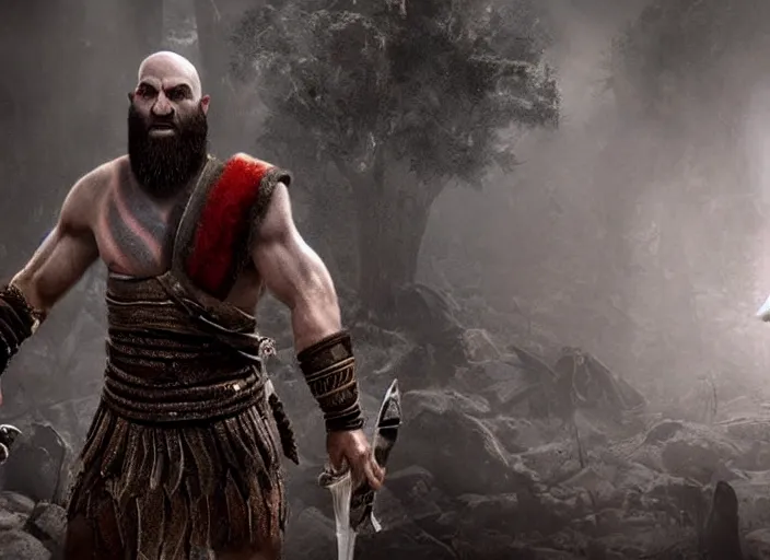 Image similar to movie frame of benjamin netanyahu playing kratos in god of war ( 2 0 2 0 ), hd, bluray, highlydetailed, cinematic