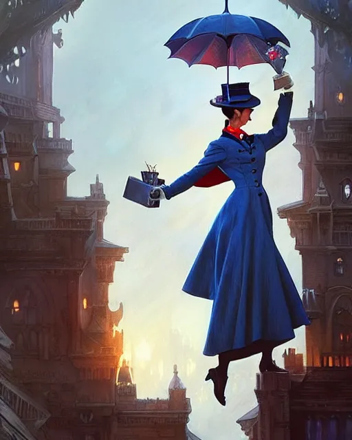 Image similar to Mary Poppins (1964) smiling and looking to the side, D&D, fantasy, intricate, elegant, highly detailed, digital painting, artstation, concept art, matte, sharp focus, illustration, hearthstone, art by Artgerm and Greg Rutkowski and Alphonse Mucha