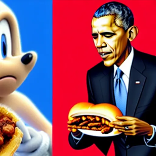 Prompt: a photograph of barack obama sharing a delicious chilli dog with sonic the hedgehog