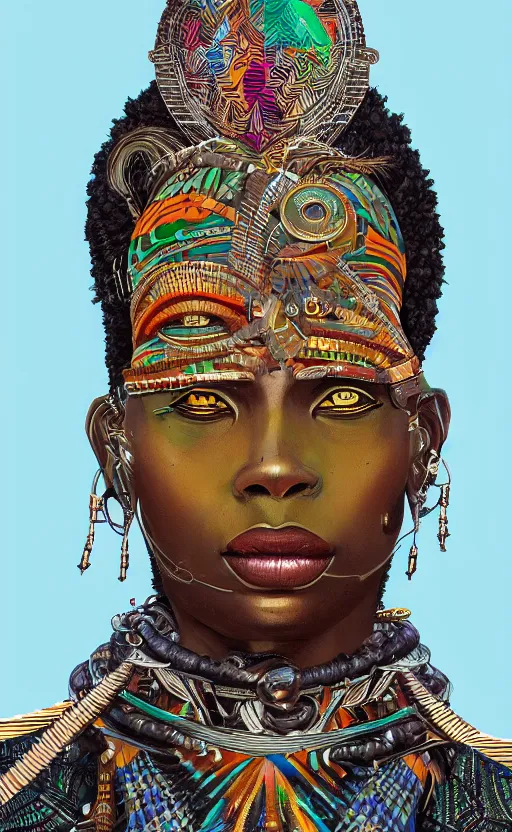 Image similar to upper half portrait of retro futuristic african tribal chief - embellished with vegetation and iridescent crystals, art by paschal blanche, highly detailed, digital painting, concept art, illustration, smooth sharp focus, intricate, symmetry, artstation, colourful,
