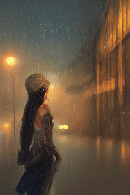 Prompt: evening, airport, plane leaving, rain, night lights, passenger plane, d & d, fantasy, intricate, elegant, highly detailed, digital painting, artstation, concept art, matte, sharp focus, illustration, masterpiece, stunning, artstation, beautiful woman,