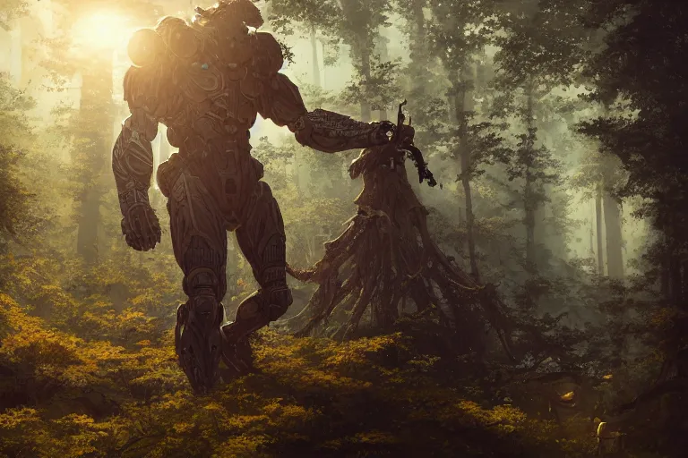 Image similar to detailed intricate digital illustration by greg rutkowski and artgerm and wlop and sanford robinson gifford ; bearded man standing next to his mech suit, standing in yggdrasil forest thick trees ; 1 3 mm film, arri alfa anamorphic lens ; sharp focus, golden hour lighting, gleaming sunlight rays ; trending on artstation 4 k ; close view