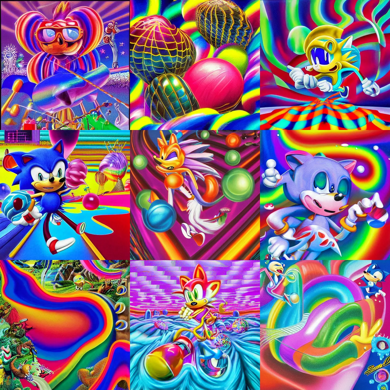 Image similar to surreal, sharp, detailed professional, soft pastels, high quality airbrush art album cover of a liquid bubbles airbrush art lsd taffy dmt sonic the hedgehog dashing through cotton candy, iridescent checkerboard background, 1 9 9 0 s 1 9 9 2 sega genesis rareware video game album cover