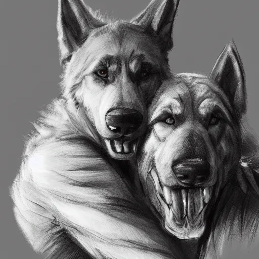 Image similar to two humanoid german shepherds beast - men, sitting on a couch and hugging together, artstation, concept art, smooth, sharp foccus ilustration, artstation