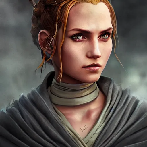 Image similar to germanic, irish female, jedi master, wearing the traditional jedi robe, beautiful and uniquely odd looking, detailed symmetrical close up portrait, intricate complexity, in the style of artgerm and ilya kuvshinov, magic the gathering, star wars art