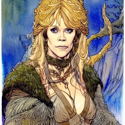 Image similar to a realistic and atmospheric watercolour fantasy character concept art portrait of jane fonda as a druidic warrior wizard looking at the camera with an intelligent gaze by rebecca guay, michael kaluta, charles vess and jean moebius giraud