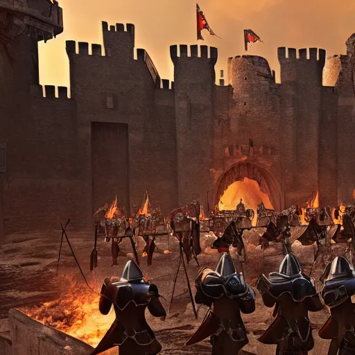 Prompt: medieval knights sieging an org castle while surrounded by fire and angry , Fantasy Apocalypse, MMO, Digital Art, 8k, Unreal Engine 5
