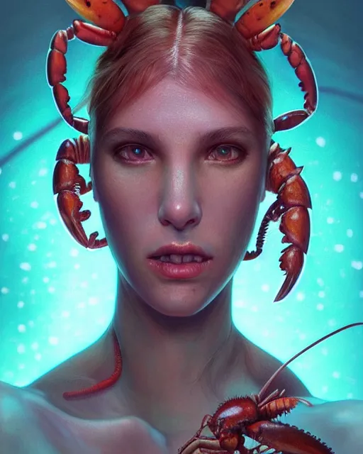 Image similar to portrait of a cute female lobster, bioluminescent, veins, horror, happy, highly detailed, digital painting, cinematic, hyperrealism, dark retrowave, art by stanley lau and artgerm and magali villeneuve and alphonse mucha, artstation, octane render, cgsociety