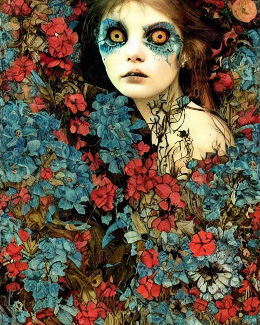 Prompt: a pretty but sinister and creepy monster in layers of fear decoupage, with haunted eyes, wearing punk clothing, violence in his eyes, 1 9 7 0 s, seventies, delicate embellishments, a little blood, woodland, blue dawn light shining on wildflowers, painterly, offset printing technique, by walter popp, alexandre cabanel