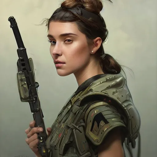 Prompt: portrait of mia kunis as a army soldier, looking at camera, d & d, intricate, elegant, stylish, cute smirk, fantasy, extremely detailed, digital painting, artstation, concept art, smooth, sharp focus, illustration, stunning lighting, art by artgerm and greg rutkowski and alphonse mucha and simon stalenhag.