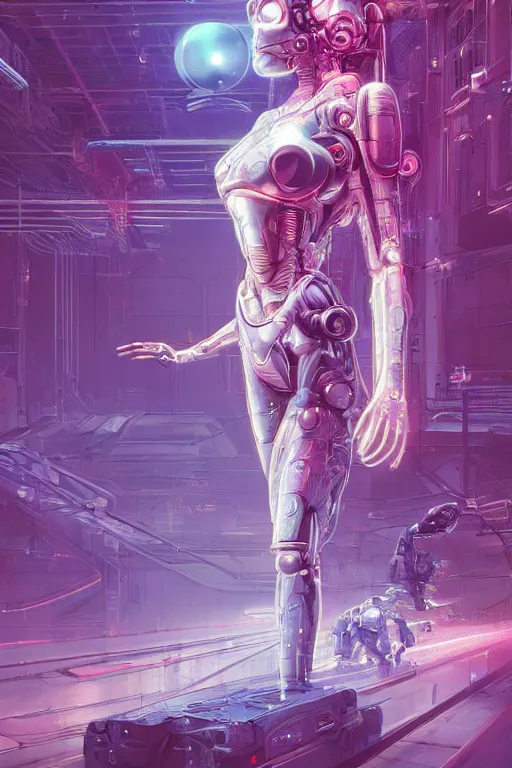 Image similar to the most amazing dream you ever had about beautiful woman transhumanism artificial intelligence singularity robot factory, glamour pose, hyper realistic, concept art, intricate, hyper detailed, smooth, syd mead, jim lee, high contrast, neon, volumetric lighting, octane, raytrace, moebius, snowcrash