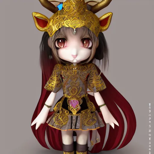 Image similar to cute fumo plush of a goat girl with horns, anime girl, tribal outfit with intricate celtic knot patterns, golden pauldrons, gothic maiden princess, artstation, vray