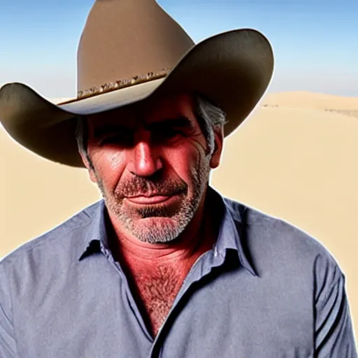 Image similar to professional head shot of jeffery epstein wearing cowboy clothes and standing in the desert, very detailed, very intricate, detailed face,