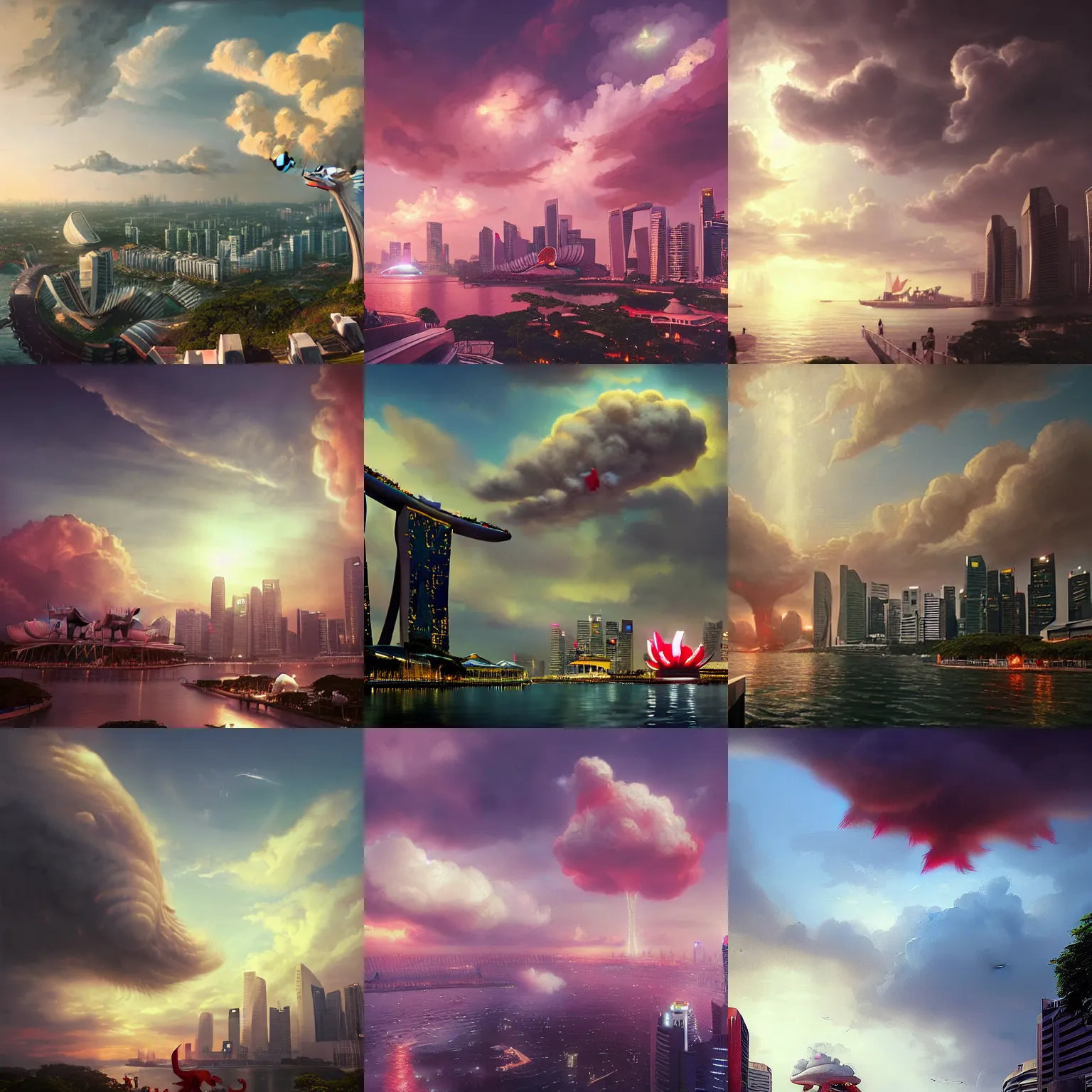 Prompt: Singapore city with a merlion shaped cloud in the sky, by greg rutkowski, red and white lighting, digital art, ultra realistic, ultra detailed, photorealistic, 4k, character concept