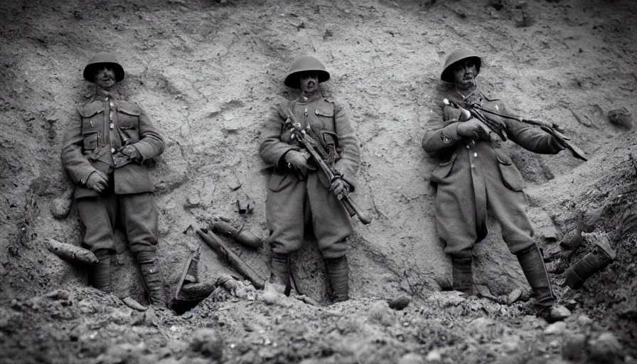 Image similar to World War 1 soldier ghosts in abandoned trenches, cinematic lighting, IMAX cinematography