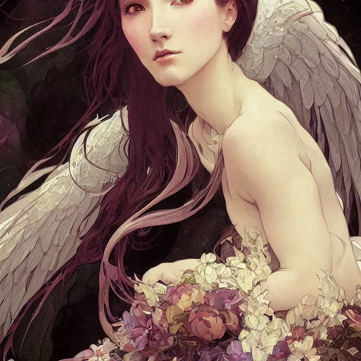 Prompt: a portrait of a beautiful! angel by ross tran!!! and alphonse mucha and greg rutkowski! and gustav dore! and artgerm!, in style of digital art illustration. symmetry. highly detailed face. fantasy, smooth, hyper detailed, sharp focus, soft light. trending on artstation. 4 k