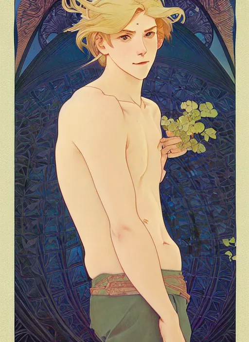 Image similar to pretty young man with shoulder length blond hair, male, half body shot, path traced, highly detailed, high quality, digital painting, by studio ghibli and alphonse mucha, leesha hannigan, hidari, art nouveau, chiho aoshima, posuka demizu