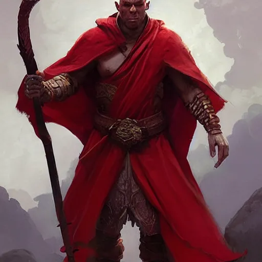 Image similar to a portrait of a red - skinned dragonborn monk with draconic face, in a plain white monk's robe white robe, holding a long spear with a black tip, fantasy art by greg rutkowski