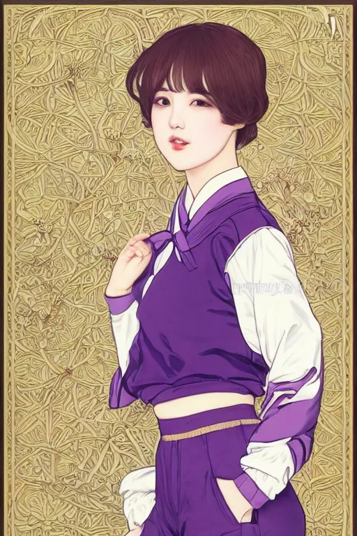 Prompt: Portrait of Eunha from Viviz and gFriend with short hair wearin purple overall shorts, short puffy pants, white tights, Golden Ribbon, and a billowy scarf. masterpiece 4k digital illustration, award winning, Artstation, art nouveau aesthetic, Alphonse Mucha background, intricate details, realistic, panoramic view, Hyperdetailed, 8k resolution, intricate art nouveau