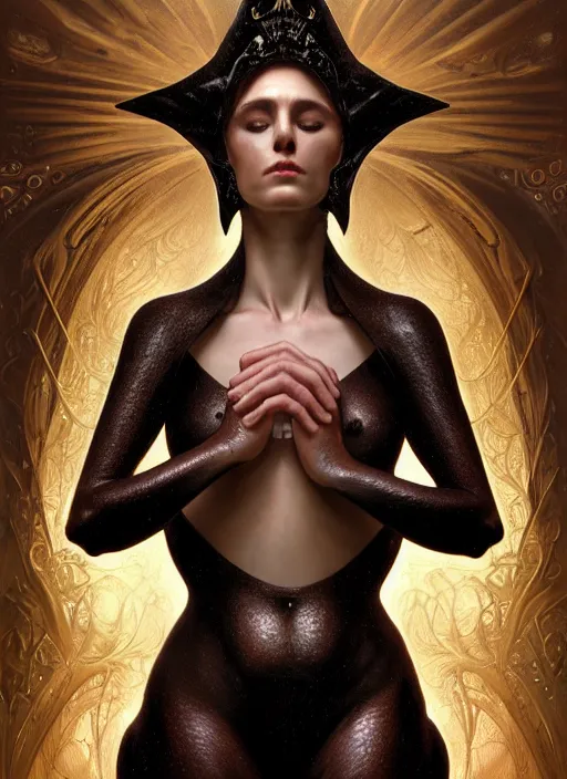 Prompt: a full body perspective of a stout preistess of the elemental darkness, crooked nose, wet, fantasy, shiny, intricate, elegant, highly detailed, ultra definition, digital painting, artstation, vray, concept art, smooth, high speed photography, illustration, art by artgerm and greg rutkowski and alphonse mucha and james jean