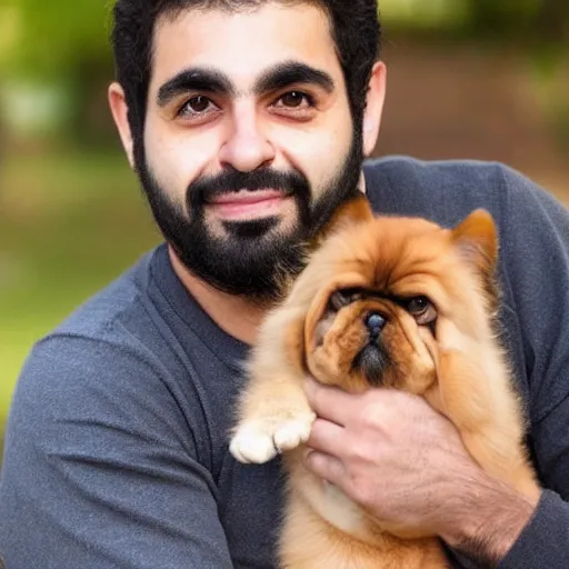 Image similar to half persian man, holding a dog