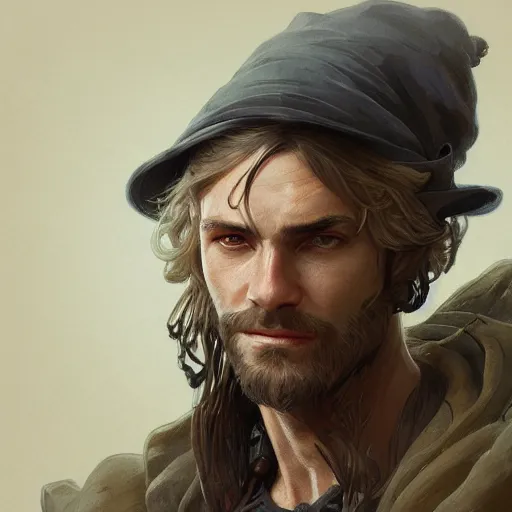 Prompt: portrait of a rugged thief, D&D, fantasy, intricate, elegant, highly detailed, digital painting, artstation, concept art, smooth, sharp focus, illustration, art by artgerm and greg rutkowski and alphonse mucha