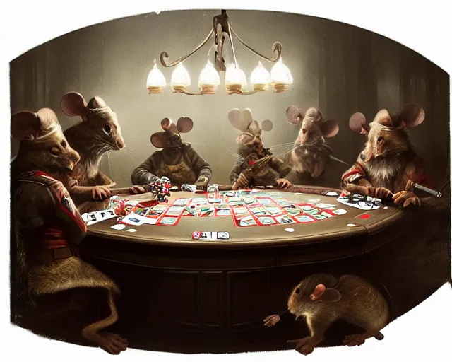 Prompt: 5 5 mm portrait photo of mouse soldiers playing poker. magical atmosphere. art by greg rutkowski. highly detailed 8 k. intricate. lifelike. soft light. nikon d 8 5 0.