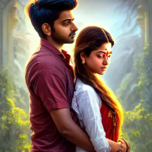 Prompt: perfectly centered movie promotional poster photograph of a young indian guy and a beautiful girl side profile faces symmetrical ; real life portrait, ultra realistic, concept art, intricate details, eerie, highly detailed, photorealistic, octane render, 8 k, unreal engine ; romantic theme, two lovers sharing one heart ; art by artgerm, greg rutkowski, charlie bowater