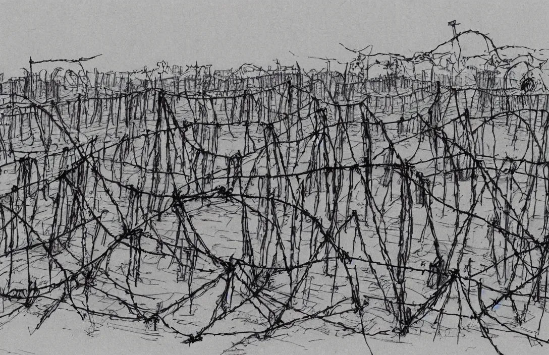 Image similar to milt kahl sketch of zombie apocalypse resistance camp with barbed wire fencing