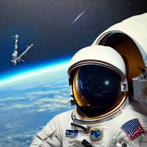 Image similar to “astronaut on board international space station wearing black space suit and gold helmet, highly detailed, realistic, portrait, nigerian flag patch, symmetrical, photorealistic, proportional, beauty, fish eye lens, nasa, spacex, in the style of Edward hooper oil painting sun rising”