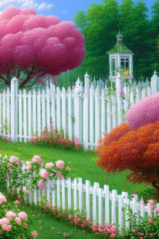 Prompt: a beautiful digital illustration painting of a detailed white picket fence tree flowers by benoit b. mandelbrot, steven belledin, martin johnson heade, lee madgwick, caspar david friedrich, and david rios ferreira, thomas kinkade. 8 k resolution trending on artstation concept art digital illustration